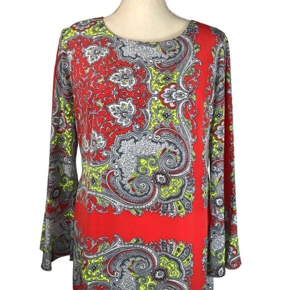 ANTHROPOLOGIE YOANA BARASCHI Paisley Print Shift Dress Long Trumpet Sleeve Large - Picture 6 of 12